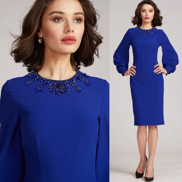 RICKIE FREEMAN FOR TERI JON CRYSTAL EMBELLISHED CREPE SHEATH LONG SLEEVE DRESS - Picture 1 of 16